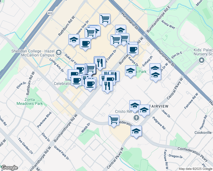 map of restaurants, bars, coffee shops, grocery stores, and more near in Mississauga