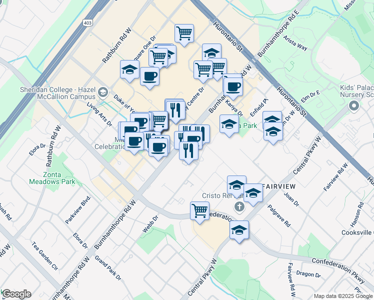 map of restaurants, bars, coffee shops, grocery stores, and more near 248 Burnhamthorpe Road West in Mississauga