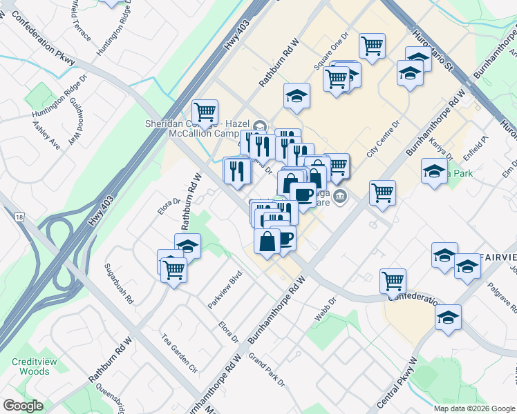 map of restaurants, bars, coffee shops, grocery stores, and more near 383 Prince of Wales Drive in Mississauga