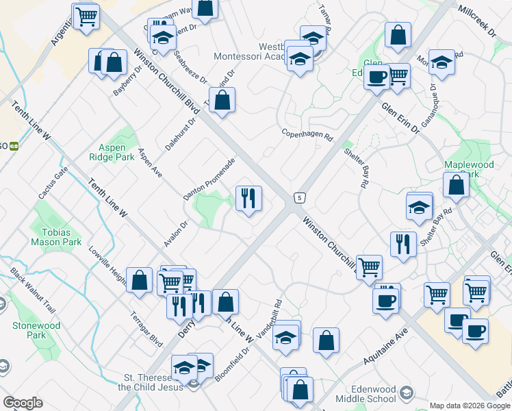 map of restaurants, bars, coffee shops, grocery stores, and more near 3242 Tortola Court in Mississauga
