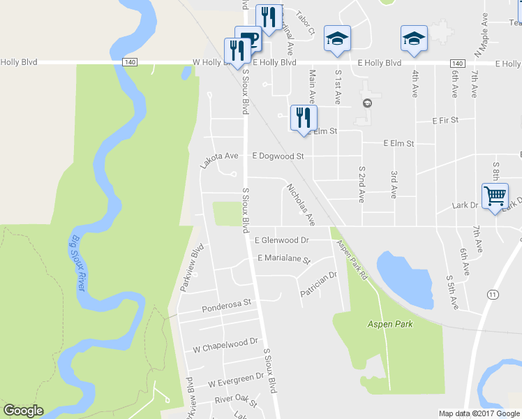 map of restaurants, bars, coffee shops, grocery stores, and more near 616 South Sioux Boulevard in Brandon