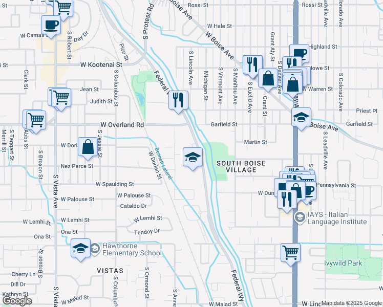 map of restaurants, bars, coffee shops, grocery stores, and more near 1707 South Federal Way in Boise