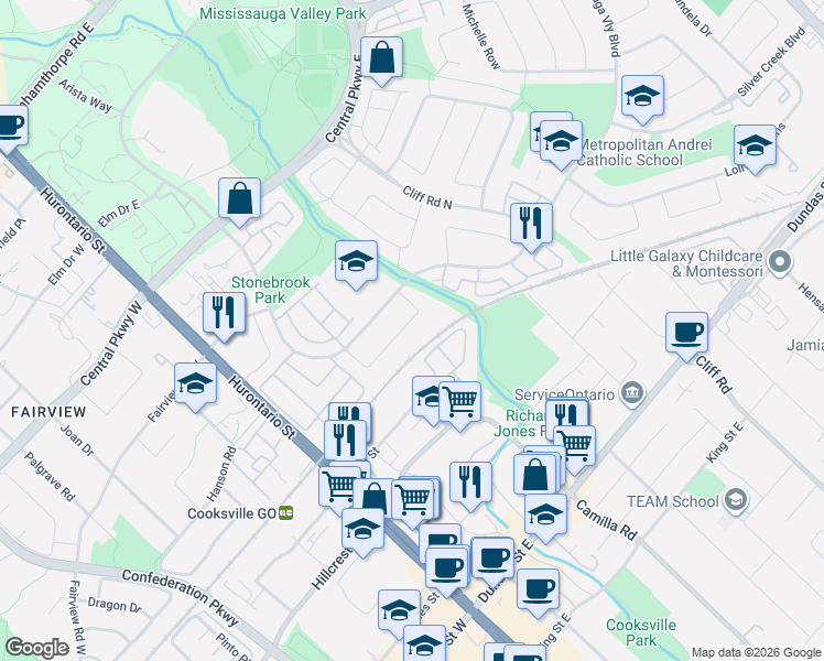 map of restaurants, bars, coffee shops, grocery stores, and more near 156 Voltarie Crescent in Mississauga