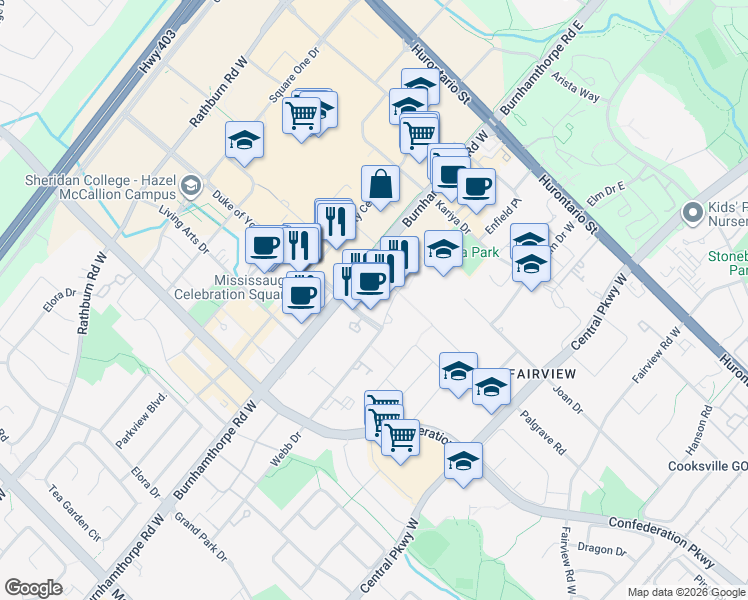 map of restaurants, bars, coffee shops, grocery stores, and more near 225 Webb Drive in Mississauga