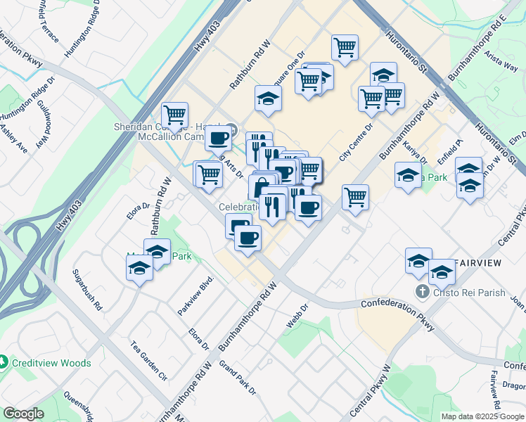 map of restaurants, bars, coffee shops, grocery stores, and more near 4090 Living Arts Drive in Mississauga