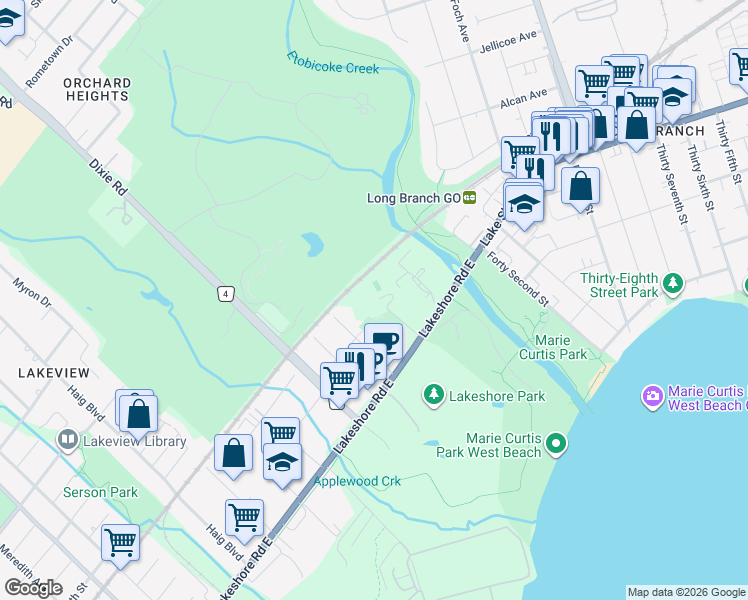 map of restaurants, bars, coffee shops, grocery stores, and more near 1485 Lakeshore Road East in Mississauga
