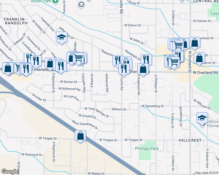 map of restaurants, bars, coffee shops, grocery stores, and more near 1758 South Barlow Lane in Boise
