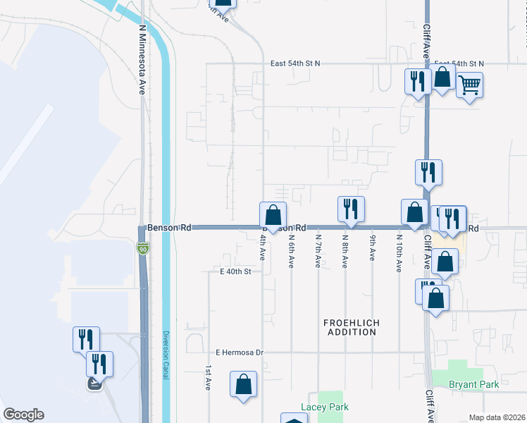 map of restaurants, bars, coffee shops, grocery stores, and more near North 4th Avenue in Sioux Falls