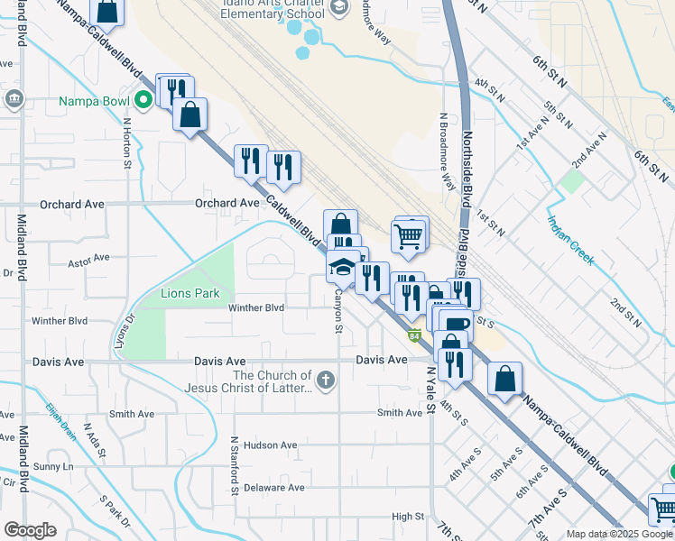 map of restaurants, bars, coffee shops, grocery stores, and more near 98 McClure Avenue in Nampa
