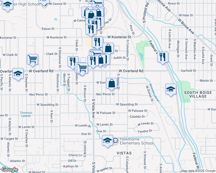 map of restaurants, bars, coffee shops, grocery stores, and more near 1711 Helen Street in Boise
