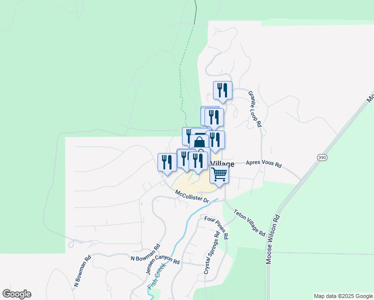 map of restaurants, bars, coffee shops, grocery stores, and more near 3340 Cody Lane in Teton Village