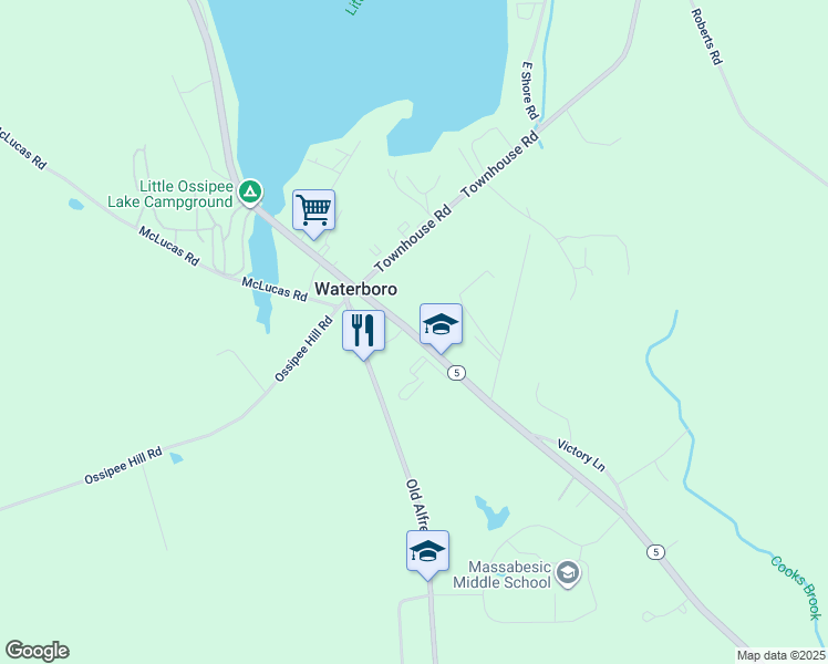 map of restaurants, bars, coffee shops, grocery stores, and more near 355 Sokokis Trail in Waterboro