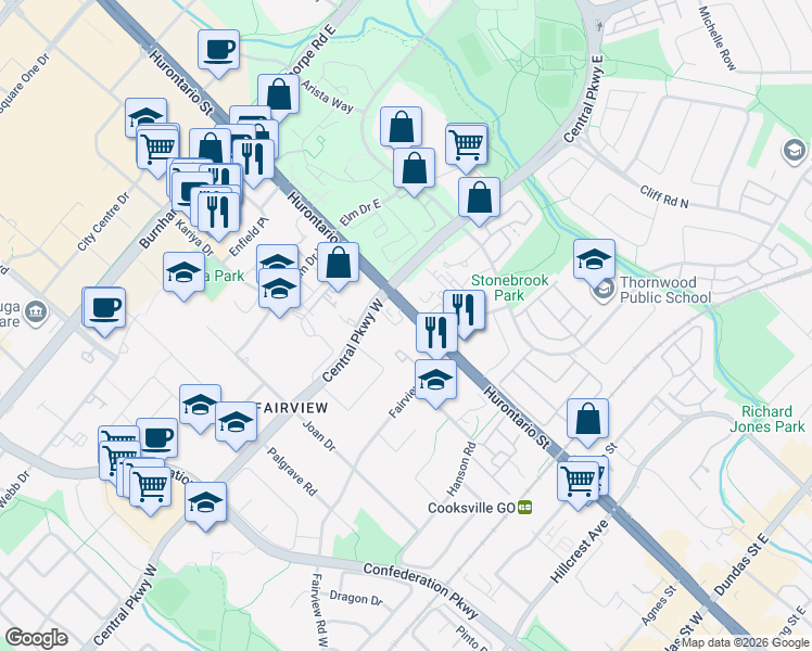 map of restaurants, bars, coffee shops, grocery stores, and more near 3420 Hurontario Street in Mississauga