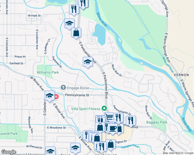 map of restaurants, bars, coffee shops, grocery stores, and more near 739 East Parkcenter Boulevard in Boise