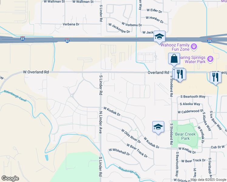 map of restaurants, bars, coffee shops, grocery stores, and more near 1750 South Linder Road in Meridian