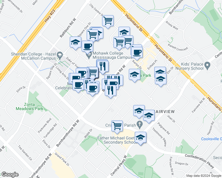 map of restaurants, bars, coffee shops, grocery stores, and more near in Mississauga