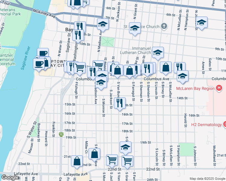 map of restaurants, bars, coffee shops, grocery stores, and more near 808 13th Street in Bay City