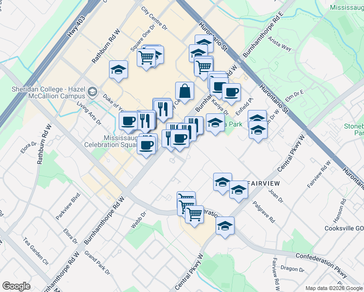 map of restaurants, bars, coffee shops, grocery stores, and more near 3939 Duke of York Boulevard in Mississauga
