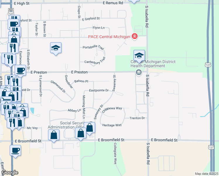 map of restaurants, bars, coffee shops, grocery stores, and more near 1619 Eastpointe Drive in Mount Pleasant