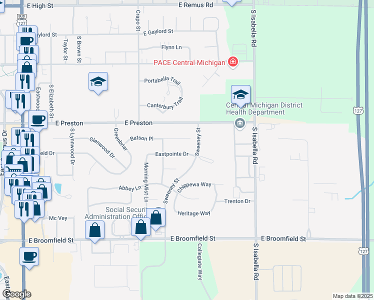 map of restaurants, bars, coffee shops, grocery stores, and more near 1619 Eastpointe Drive in Mount Pleasant