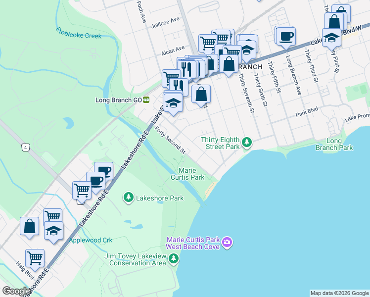 map of restaurants, bars, coffee shops, grocery stores, and more near 45 Forty Second Street in Toronto