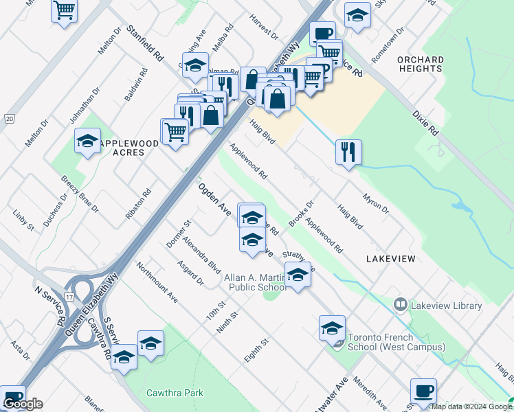 map of restaurants, bars, coffee shops, grocery stores, and more near 1545 Holburne Road in Mississauga