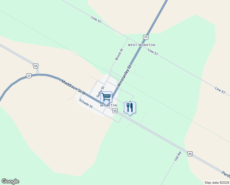 map of restaurants, bars, coffee shops, grocery stores, and more near 200 Road 164 in Perth County