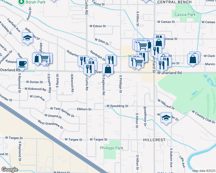 map of restaurants, bars, coffee shops, grocery stores, and more near 1716 South Eagleson Road in Boise