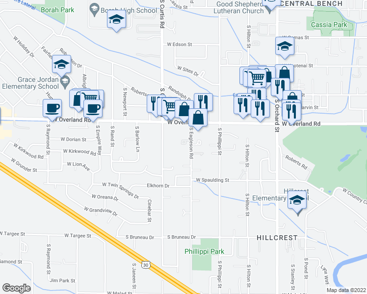 map of restaurants, bars, coffee shops, grocery stores, and more near 5619 West Dorian Lane in Boise