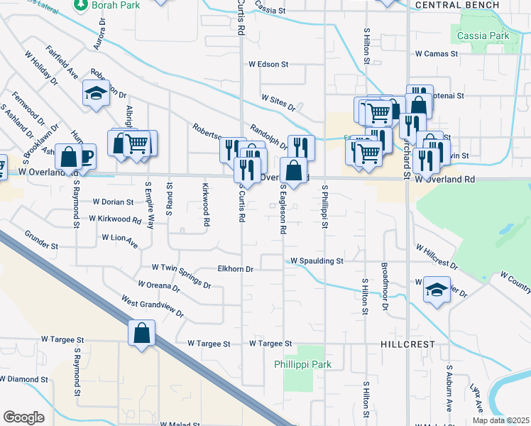 map of restaurants, bars, coffee shops, grocery stores, and more near 5619 West Dorian Lane in Boise