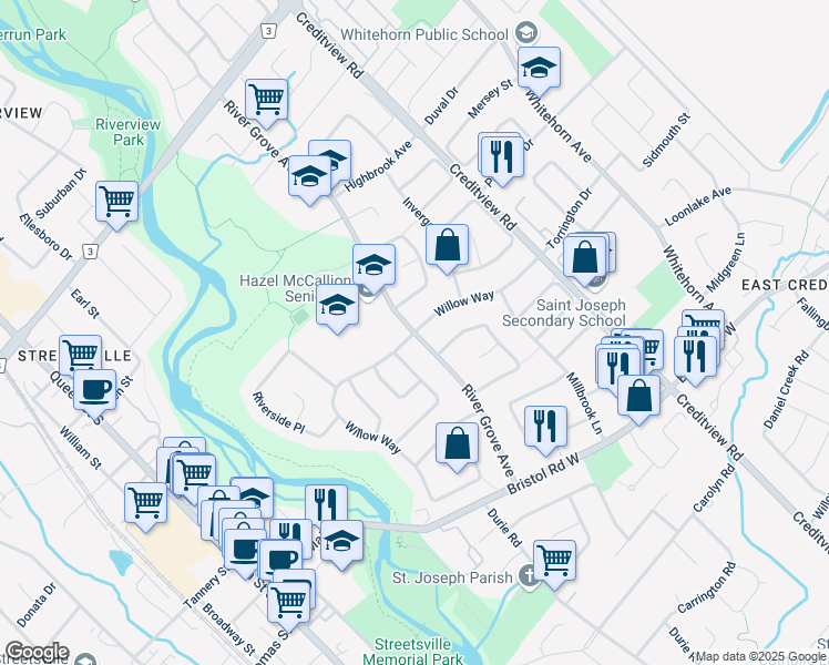 map of restaurants, bars, coffee shops, grocery stores, and more near Willow Way in Mississauga