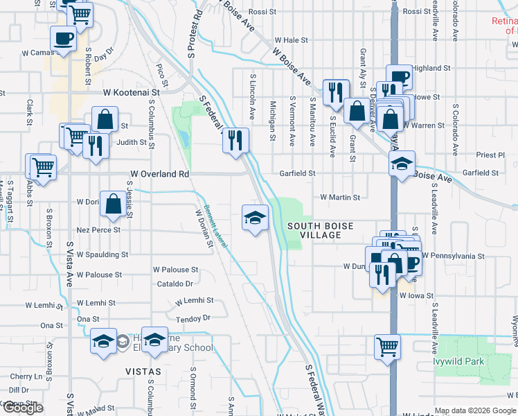 map of restaurants, bars, coffee shops, grocery stores, and more near 1707 South Federal Way in Boise