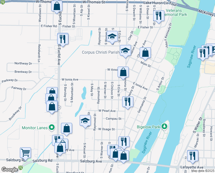 map of restaurants, bars, coffee shops, grocery stores, and more near 1205 South Warner Street in Bay City