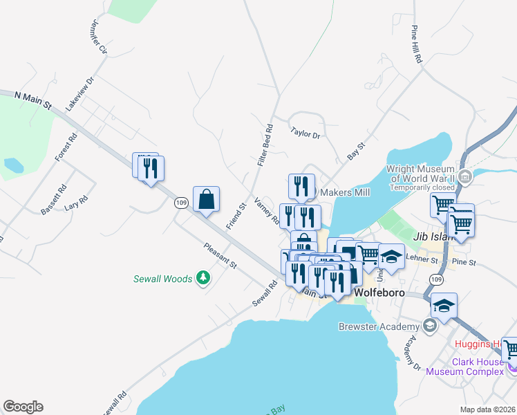 map of restaurants, bars, coffee shops, grocery stores, and more near 24 Varney Road in Wolfeboro
