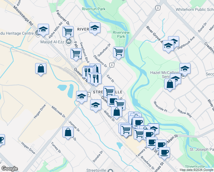 map of restaurants, bars, coffee shops, grocery stores, and more near 11 Arch Road in Mississauga