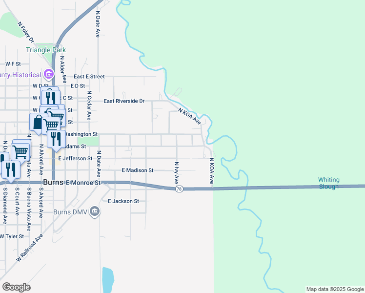 map of restaurants, bars, coffee shops, grocery stores, and more near 950 East Adams Street in Burns