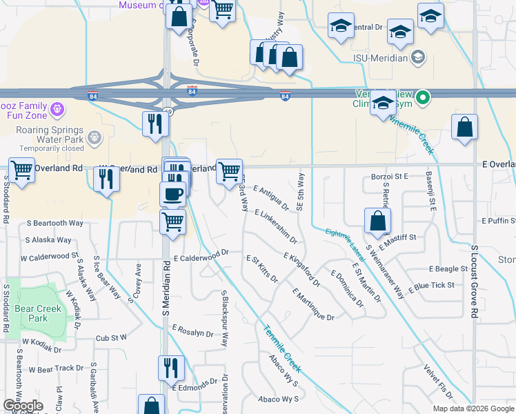 map of restaurants, bars, coffee shops, grocery stores, and more near 520 East Linkershim Drive in Meridian
