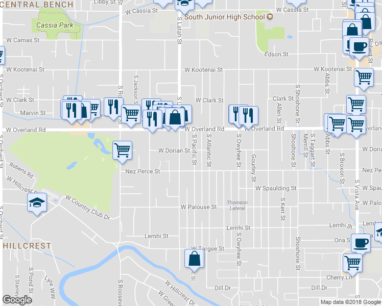 map of restaurants, bars, coffee shops, grocery stores, and more near 1703 South Pacific Street in Boise