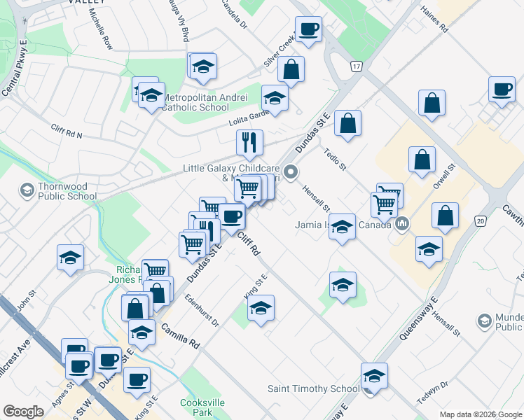 map of restaurants, bars, coffee shops, grocery stores, and more near 400 Dundas Street East in Mississauga
