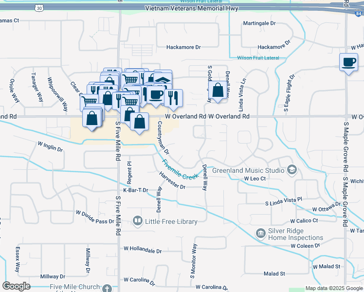 map of restaurants, bars, coffee shops, grocery stores, and more near 10133 West Overland Road in Boise