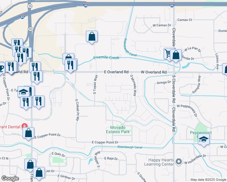 map of restaurants, bars, coffee shops, grocery stores, and more near 4124 East Blueberry Street in Meridian