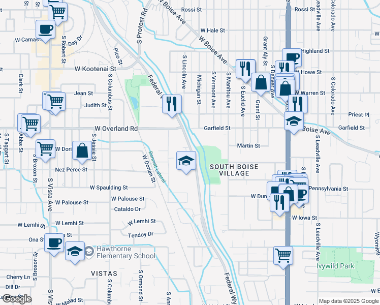 map of restaurants, bars, coffee shops, grocery stores, and more near 1707 South Federal Way in Boise