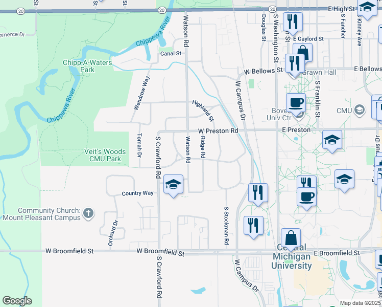 map of restaurants, bars, coffee shops, grocery stores, and more near 1343 Watson Road in Mount Pleasant