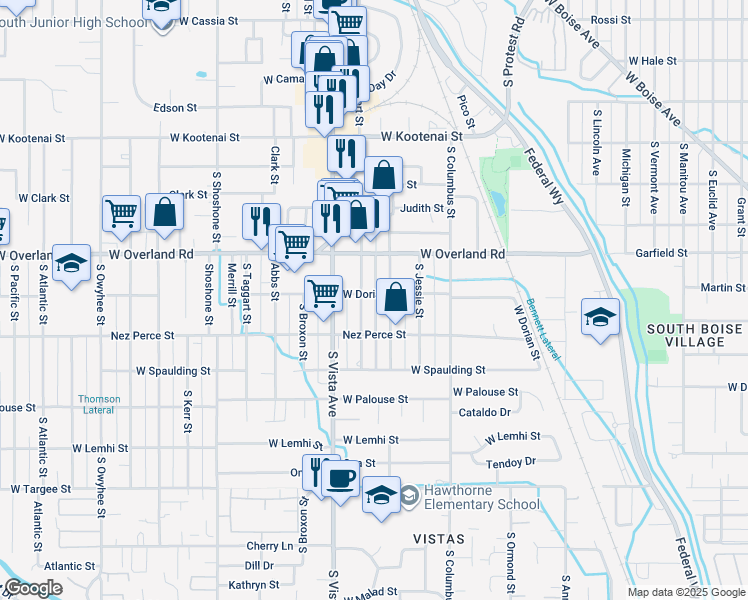 map of restaurants, bars, coffee shops, grocery stores, and more near 1701 Robert Street in Boise