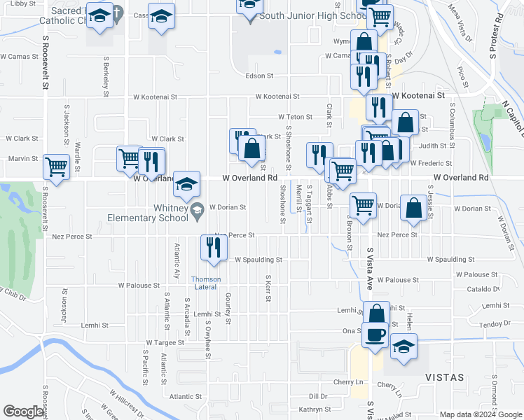 map of restaurants, bars, coffee shops, grocery stores, and more near 1700 South Pomander Road in Boise