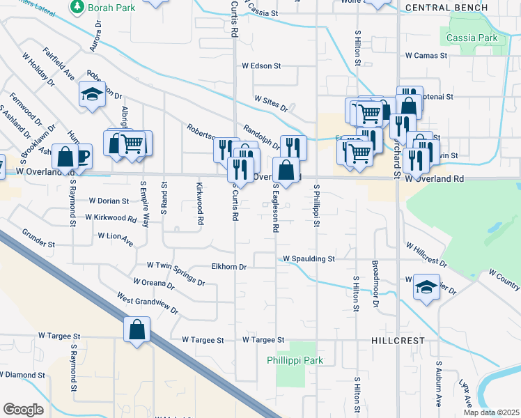 map of restaurants, bars, coffee shops, grocery stores, and more near 5619 West Dorian Lane in Boise