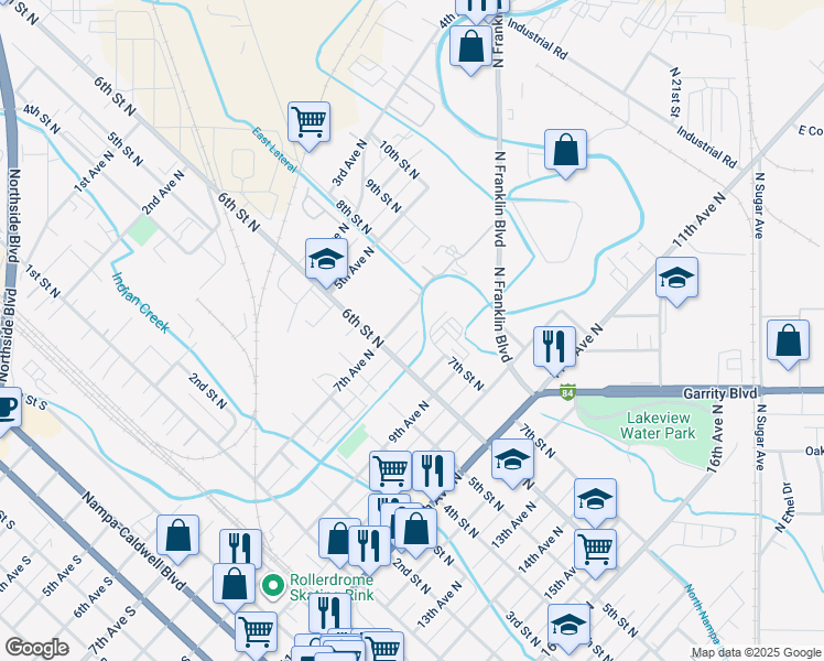 map of restaurants, bars, coffee shops, grocery stores, and more near 708 7th Avenue North in Nampa