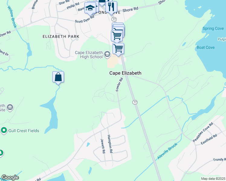 map of restaurants, bars, coffee shops, grocery stores, and more near 27 Fowler Road in Cape Elizabeth