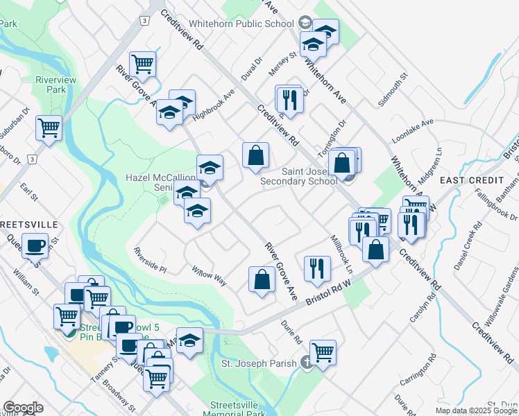 map of restaurants, bars, coffee shops, grocery stores, and more near 1498 Stillriver Crescent in Mississauga