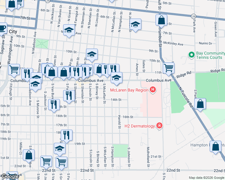 map of restaurants, bars, coffee shops, grocery stores, and more near 1666-1730 Columbus Ave in Bay City